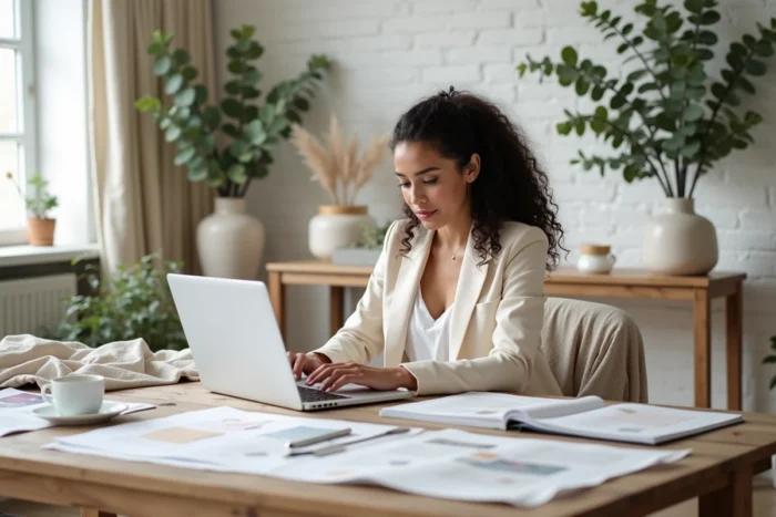 Wedding planner organisant les détails d'un mariage personnalisé dans un studio élégant