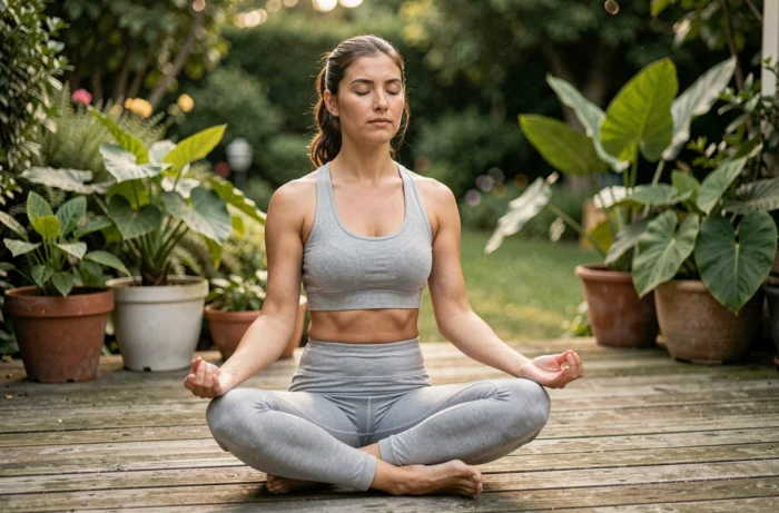 Femme pratiquant le yoga matinal sur une terrasse en bois entourée de plantes vertes pour améliorer son bien-être quotidien